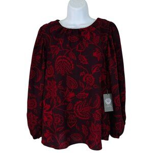 Vince Camuto Women's Size M Floral Crepe Balloon Sleeve Cranberry Blouse NEW